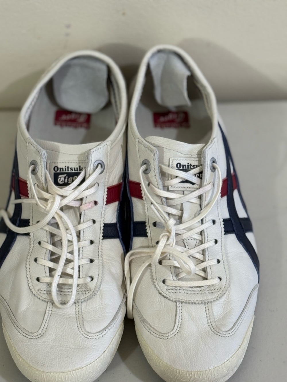 Onitsuka Tiger by Asics White Sneakers with Navy and Red Stripes